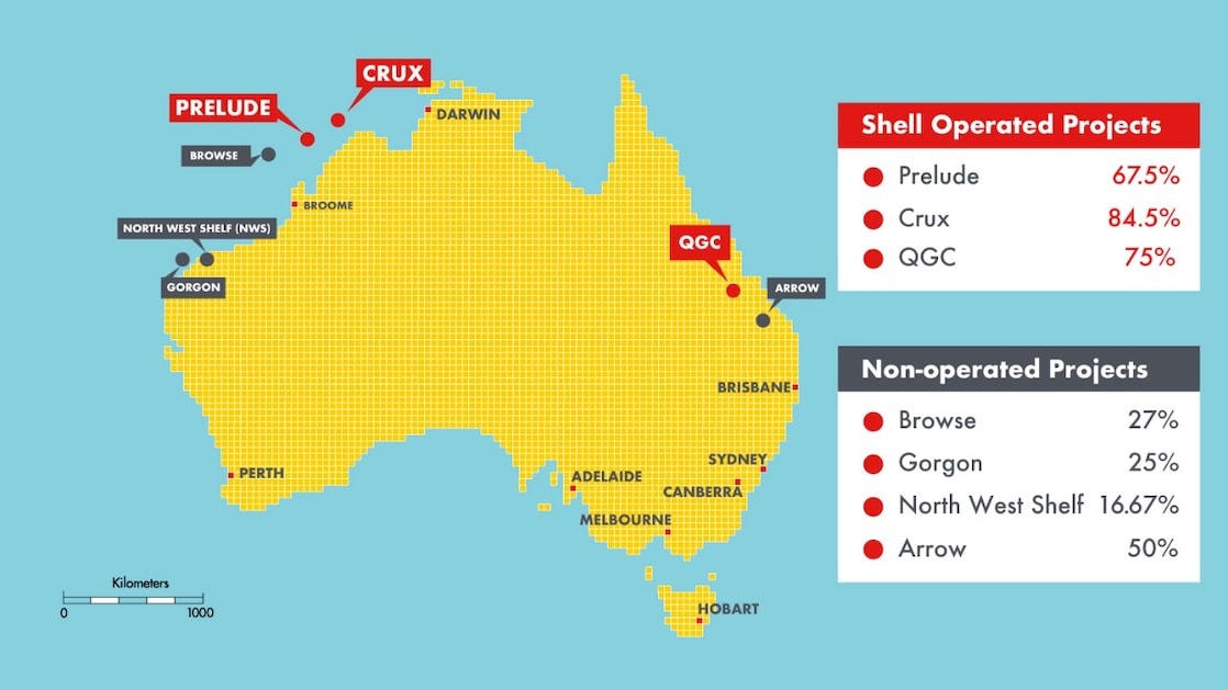 A map of Australia which shows the location of Shell’s projects.
