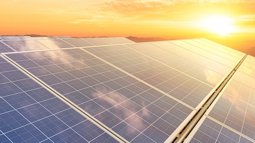 An aerial view of a large-scale solar farm.
