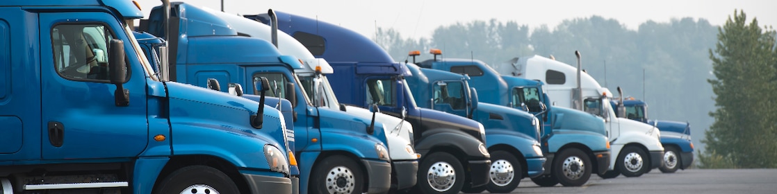 Profiles of different big rigs semi trucks standing in row on parking lot Profiles of different big rig long haul semi trucks with high cab standing on parking lot waiting for loading and possibility of continuing to the destination according to approved schedule