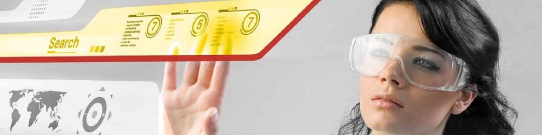 Woman working with a digital touch screen.