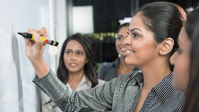 Business leader writing on whiteboard