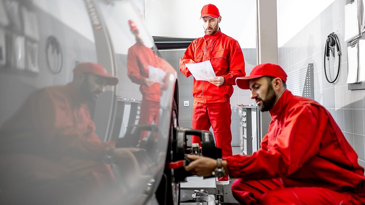 Two mechanics wearing red perform a wheel alignment.