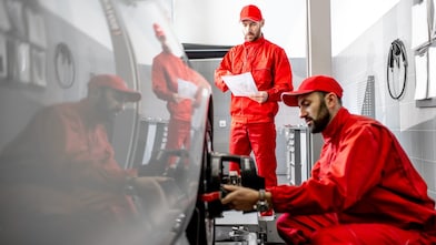Two mechanics wearing red perform a wheel alignment.