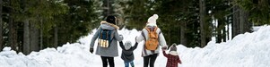 Rear view of family with two small children holding hands in winter nature, walking in the snow.