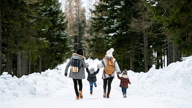 Rear view of family with two small children holding hands in winter nature, walking in the snow.
