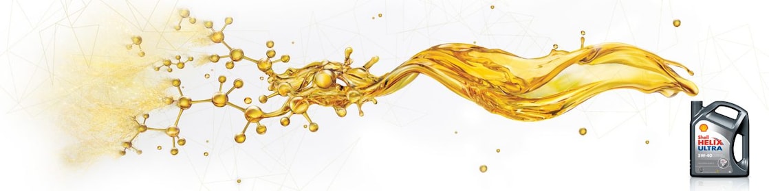 Shell helix ultra pack with oil flowing from the open top