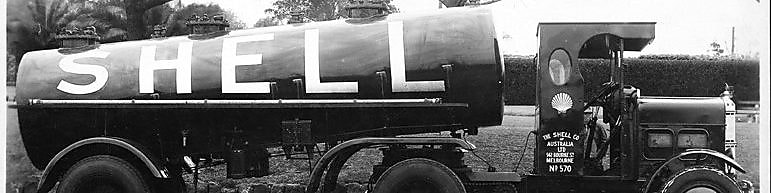 Historic black and white image of a Shell branded truck in Australia