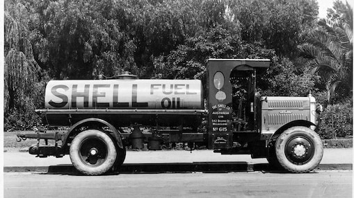 Historic black and white image of a Shell branded truck in Australia