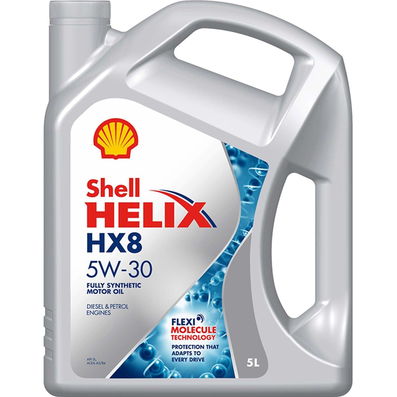 Shell Helix HX8 X 5W-30 fully synthetic engine oil 5L bottle, front view
