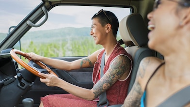 Two young women driving in camper van