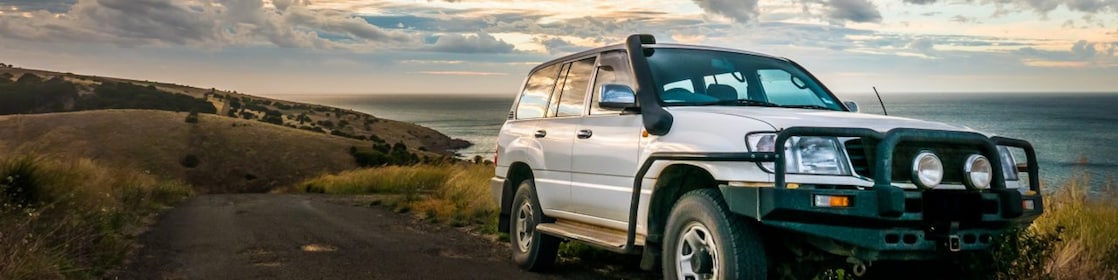 Car in the foreground of a rural landscape by the coast